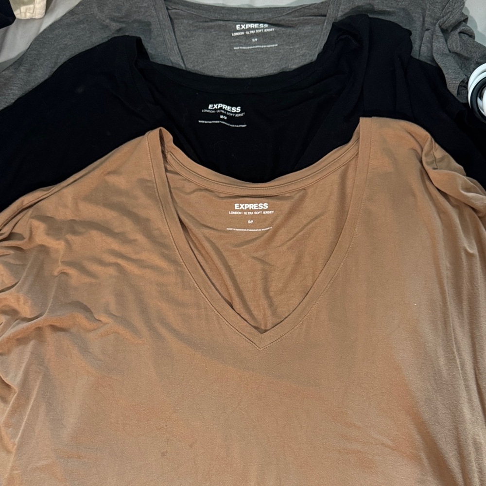 Express V-Neck T-Shirt Trio in Black, Gray, and Tan